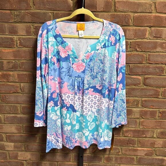 Ruby Rd Women’s Blue & Pink Floral 3/4 Sleeve Blouse Size 1X NEW - Picture 2 of 5